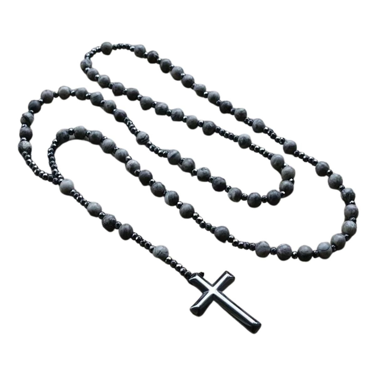 GENERICO - Collar De Cruz Caballero Piedra Gris Y Hematita 2021