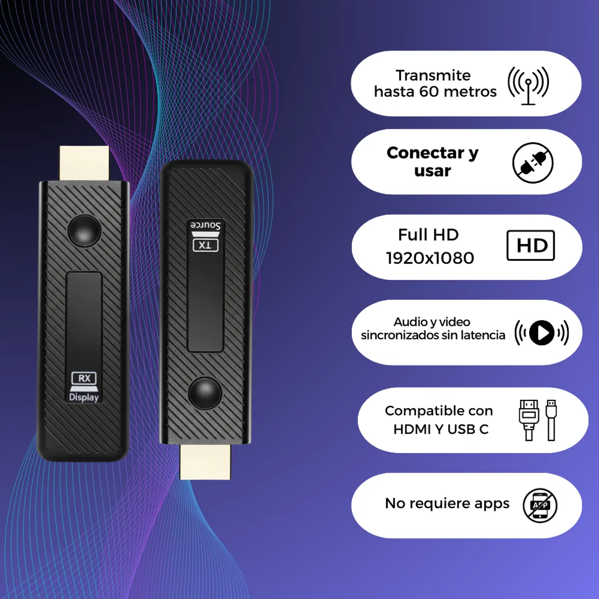 GENERICO - Transmisor Inalambrico Hdmi + Usb C Full Hd 60 Metros