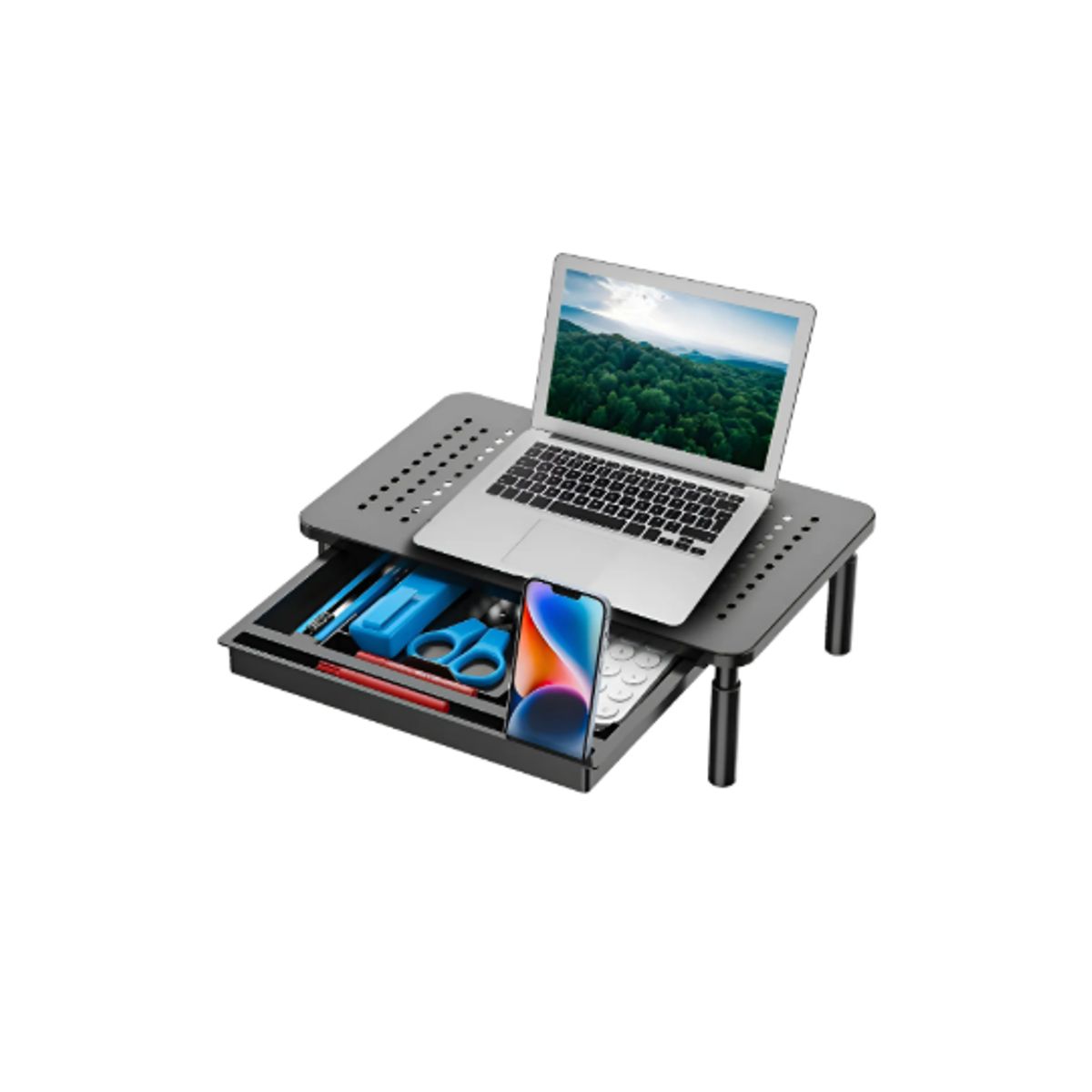 GENERICO - Base Monitor Soporte 3alturas Notebook Pc Impresora Con Cajó Negro