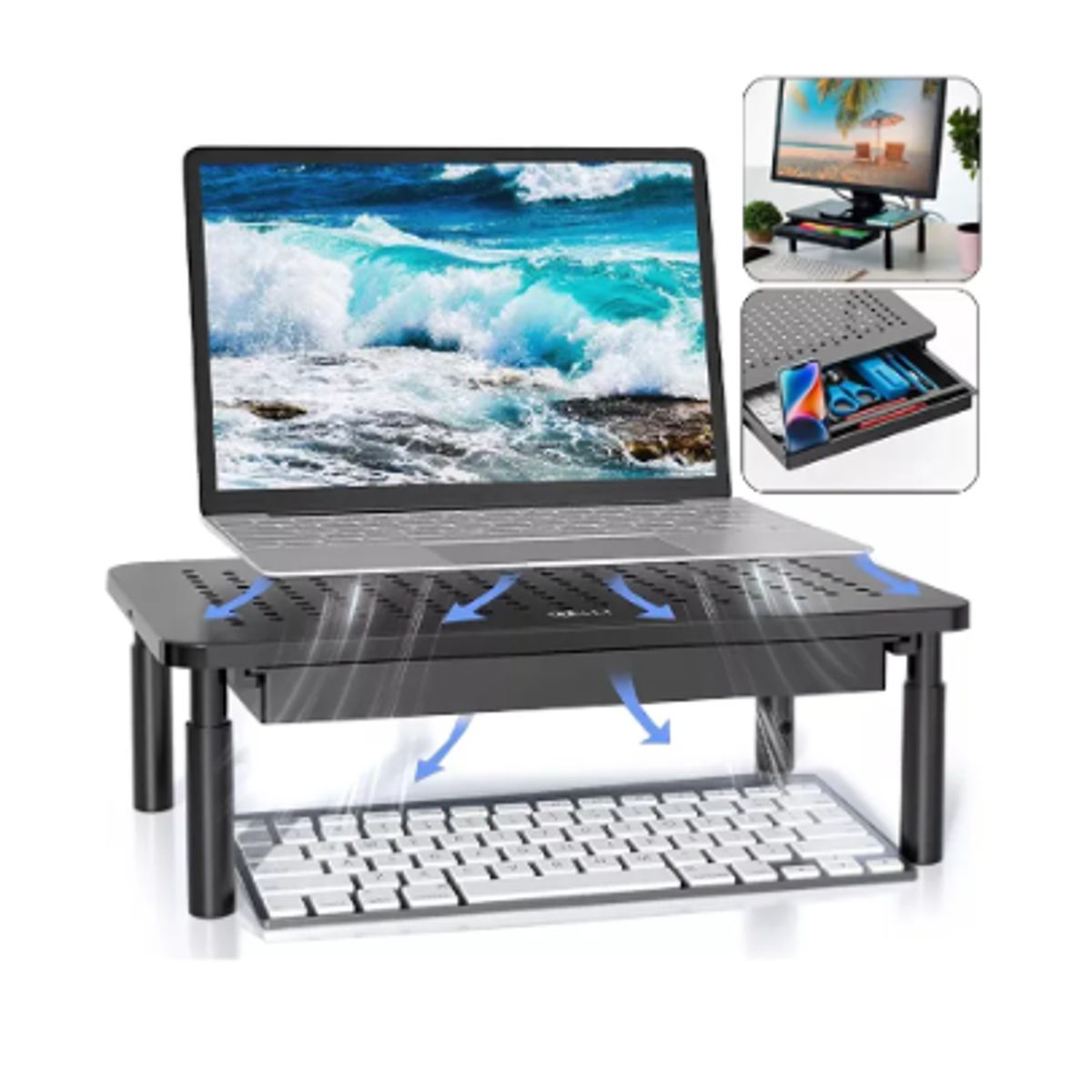 GENERICO - Base Monitor Soporte 3alturas Notebook Pc Impresora Con Cajó Negro
