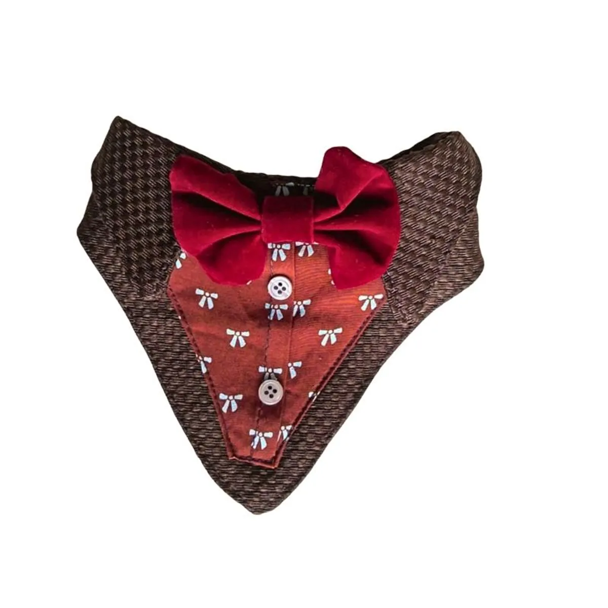 GENERICO - Bandana Para Mascotas Noble Moka Camisa Marrón Lazo Burdeo Talla M