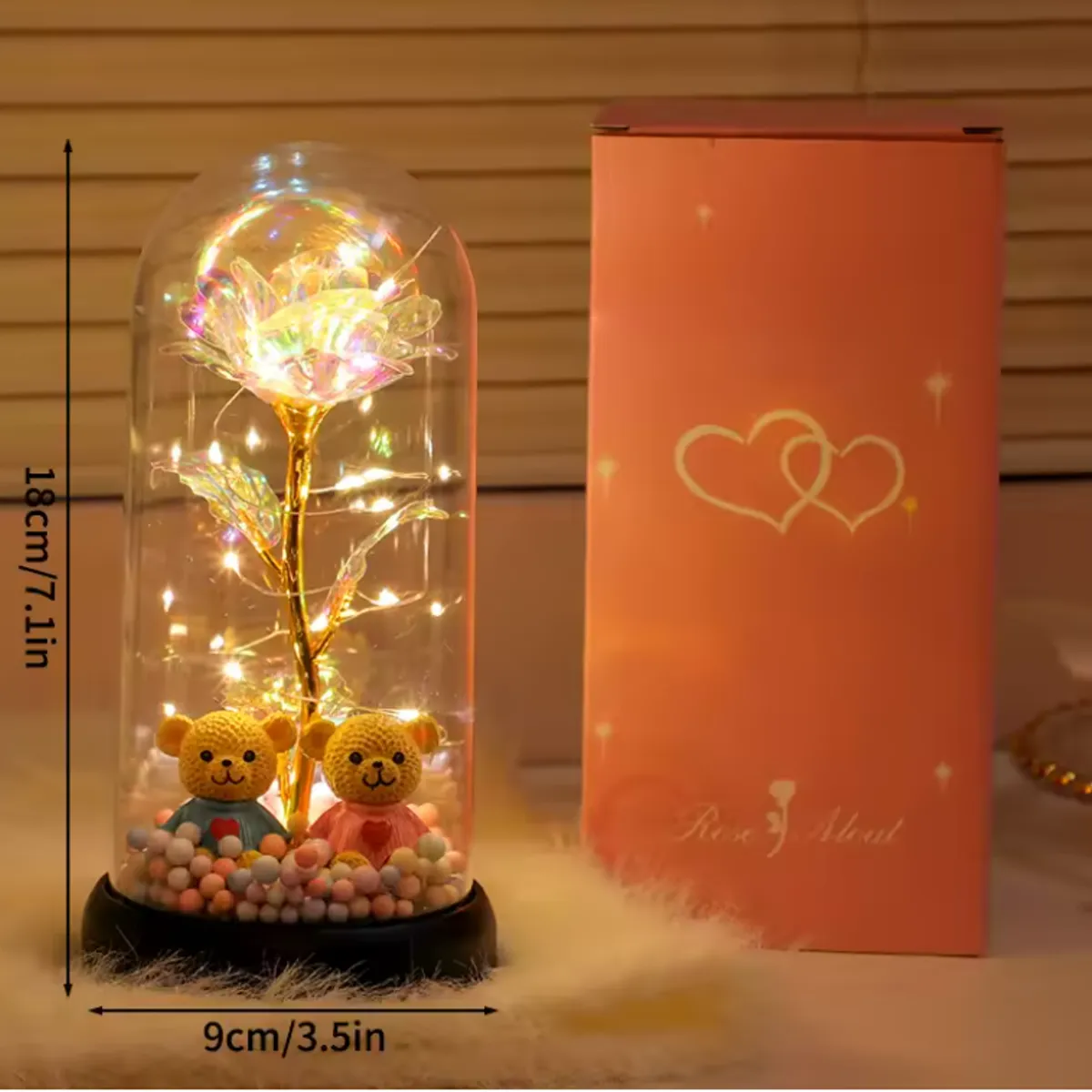 GENERICO - Rosa Eterna Encantada con Ositos y Luz LED - Regalo Romántico