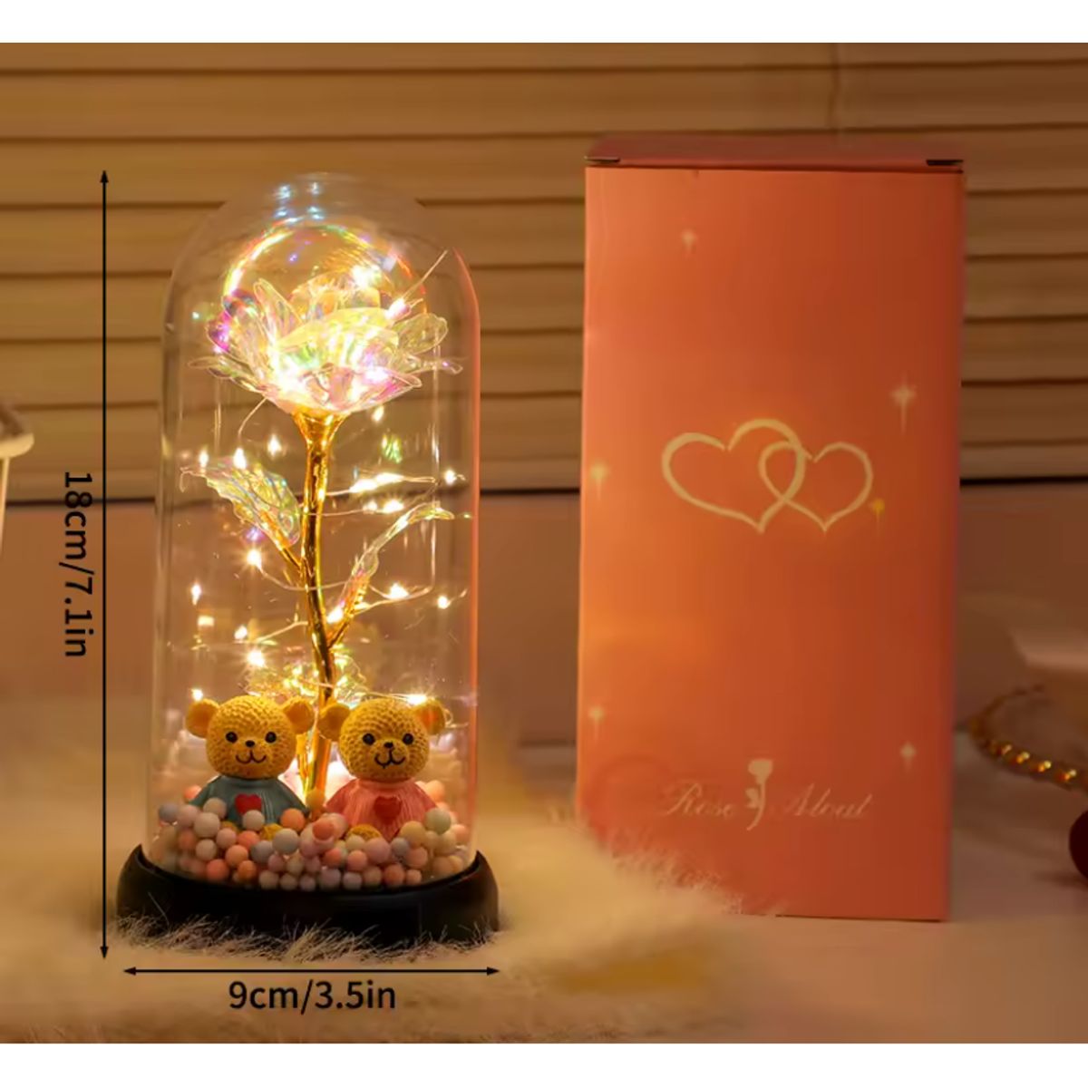 GENERICO - Rosa Eterna Encantada con Ositos y Luz LED - Regalo Romántico