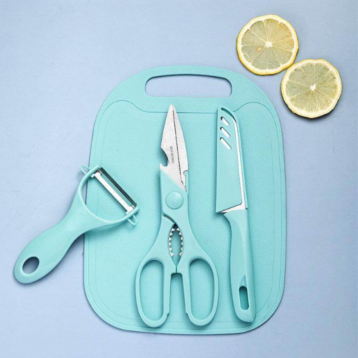 GENERICO - Set De Cocina 4 En 1: Tabla, Cuchillo, Tijera Y Pelador