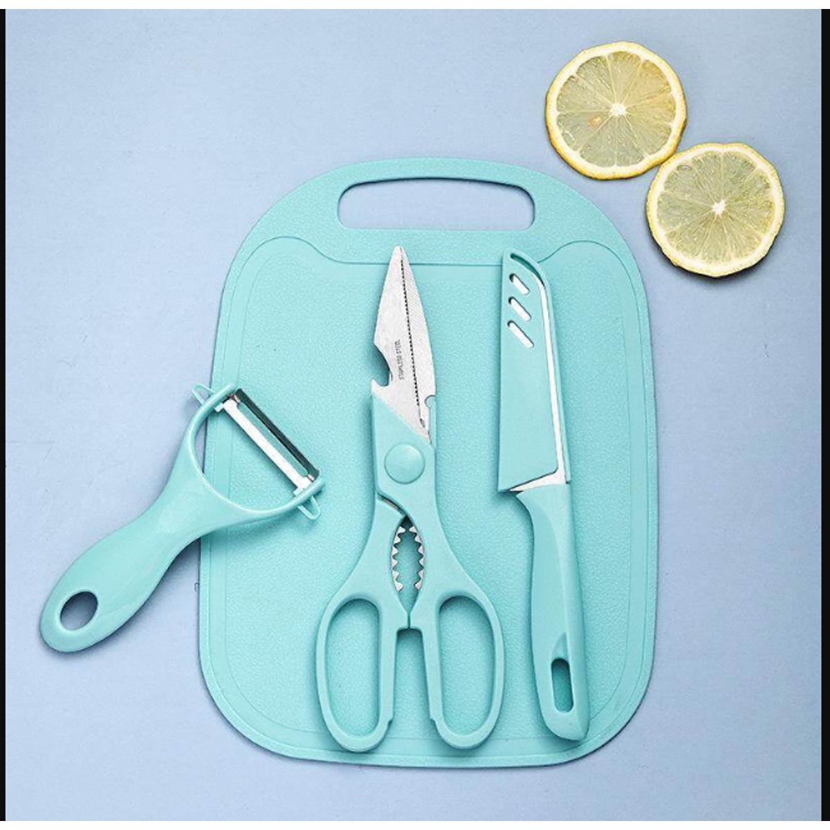 GENERICO - Set De Cocina 4 En 1: Tabla, Cuchillo, Tijera Y Pelador