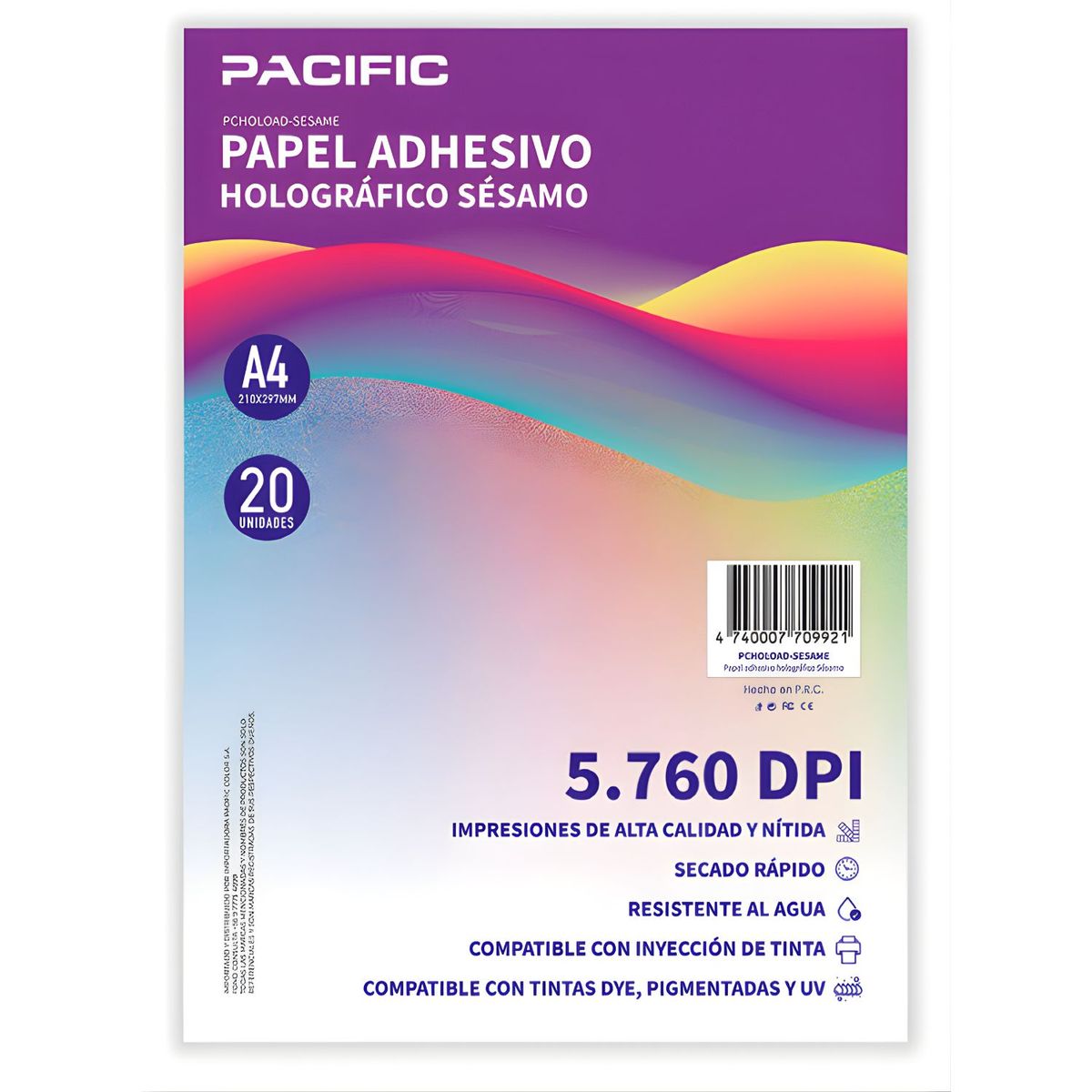 PACIFIC - Papel Adhesivo Holografico 20 Hojas Sésamo A4 - PS