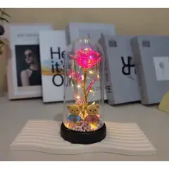 GENERICO - Rosa Eterna Encantada con Ositos y Luz LED - Regalo Romántico