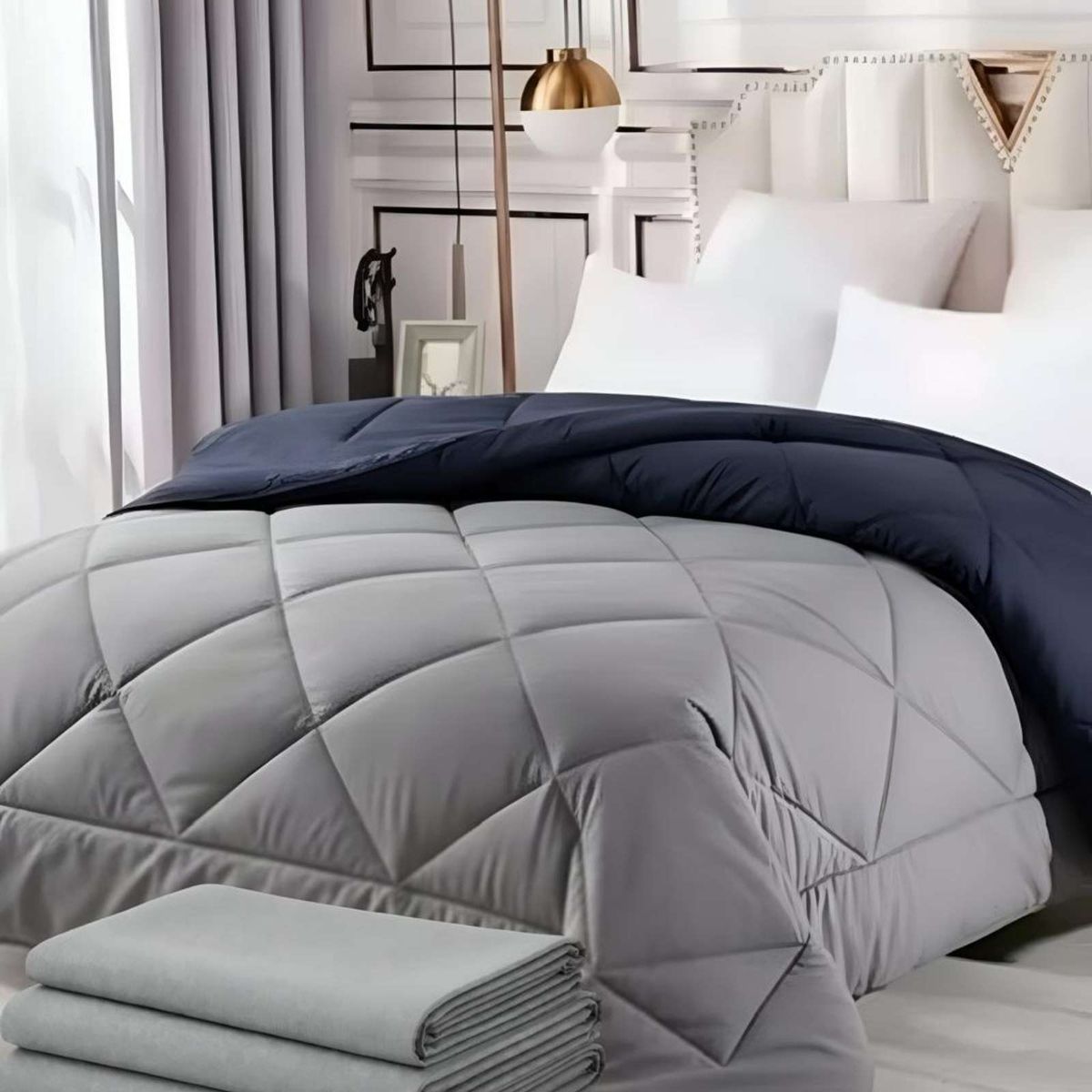 GENERICO - SET SÁBANAS MAS PLUMÓN NORDICO PLAZA Y MEDIA  150X200 GRIS/AZUL