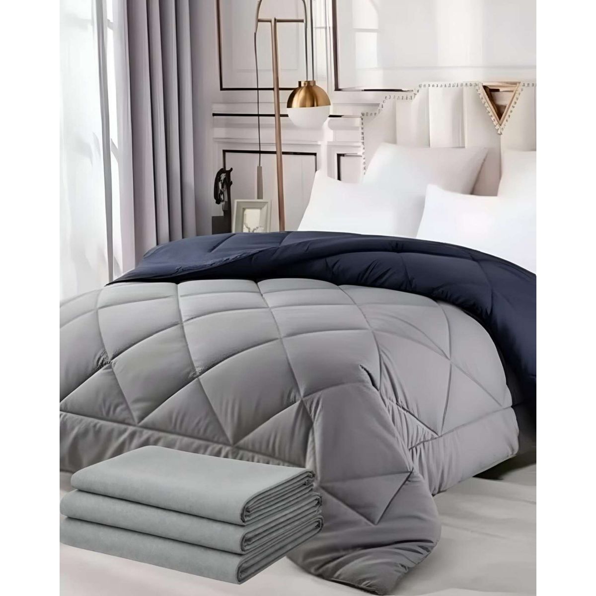 GENERICO - SET SÁBANAS MAS PLUMÓN NORDICO PLAZA Y MEDIA  150X200 GRIS/AZUL