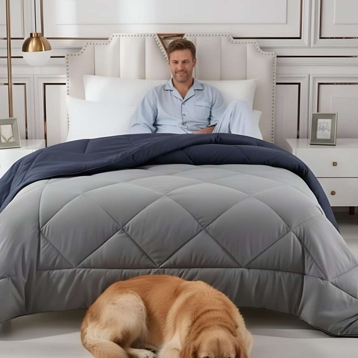 GENERICO - Cubrecama Nórdico 1 Plaza Gris/Azul Diseño Ligero 150x200 cm