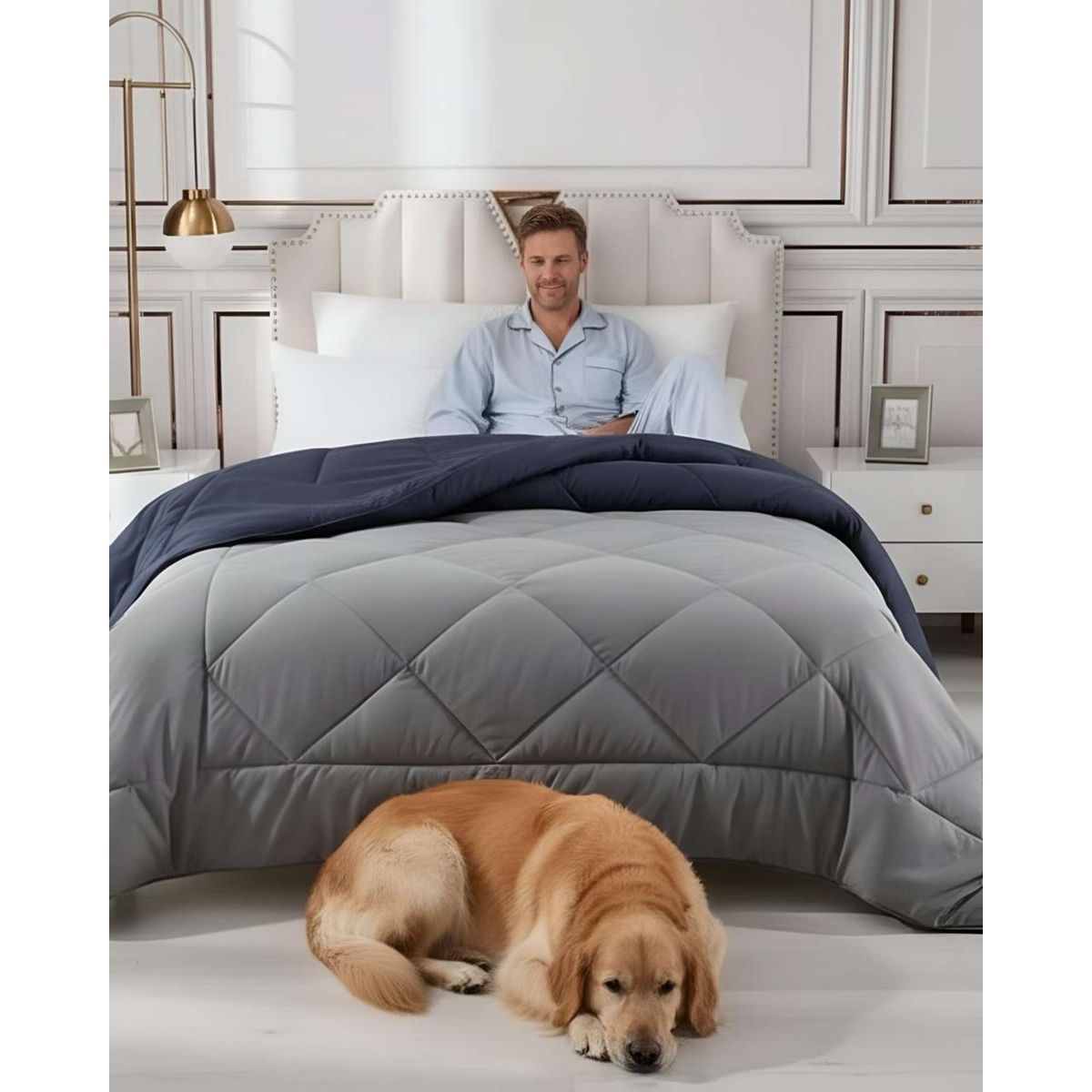 GENERICO - Cubrecama Nórdico 1 Plaza Gris/Azul Diseño Ligero 150x200 cm