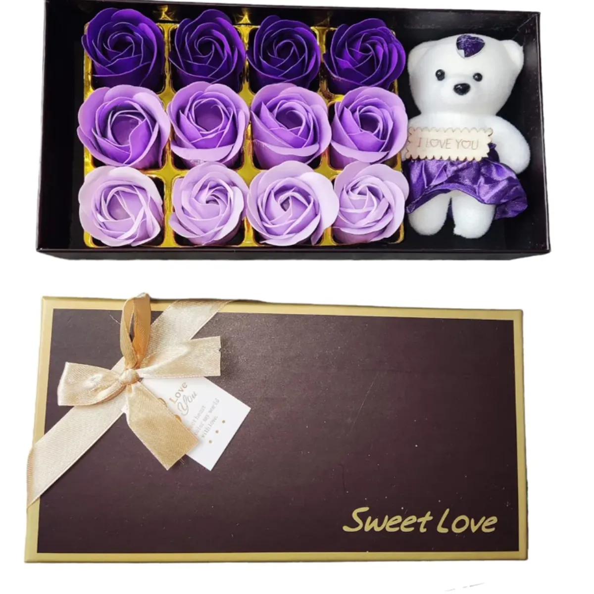 GENERICO - Caja de Regalo "Sweet Love" con 12 Rosas de Jabón y Oso de Peluche