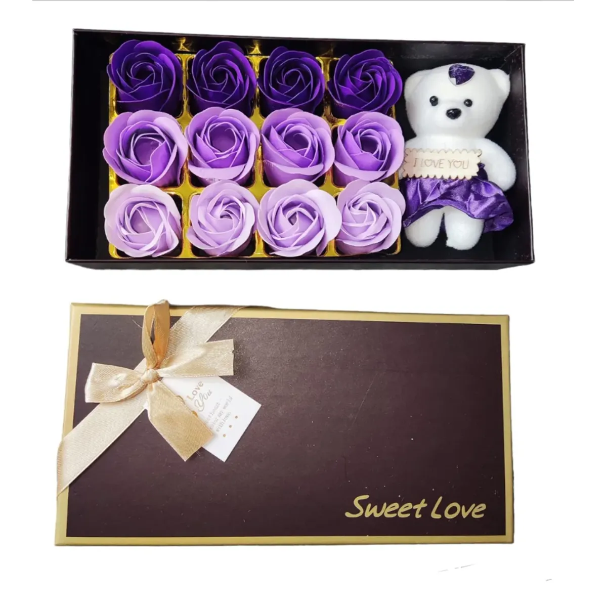 GENERICO - Caja de Regalo "Sweet Love" con 12 Rosas de Jabón y Oso de Peluche