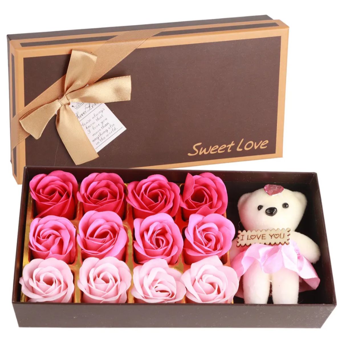 GENERICO - Caja de Regalo "Sweet Love" con 12 Rosas de Jabón y Oso de Peluche