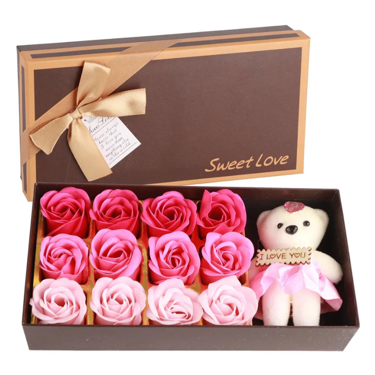 GENERICO - Caja de Regalo "Sweet Love" con 12 Rosas de Jabón y Oso de Peluche