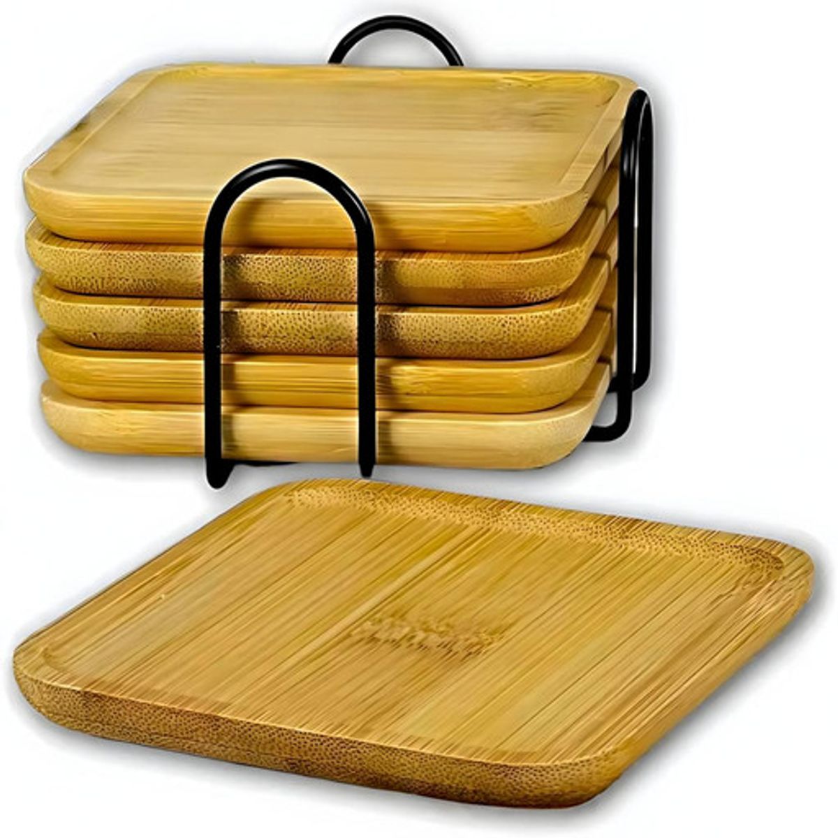 GENERICO - SET 6 POSAVASOS CUADRADOS DE BAMBÚ CON SOPORTE_.