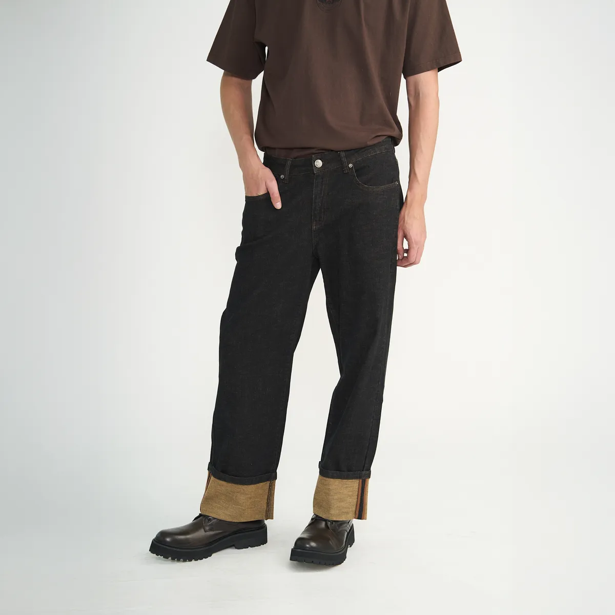 ELLUS - Jeans Ellus Hombre Wide Raw Castaño Turn Up L29
