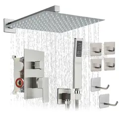WUWAWDOGA - Regadera Cuadrada Ducha Tipo Lluvia Alta Presión Acero inoxidable Con 6pcs Ganchos 25x25cm