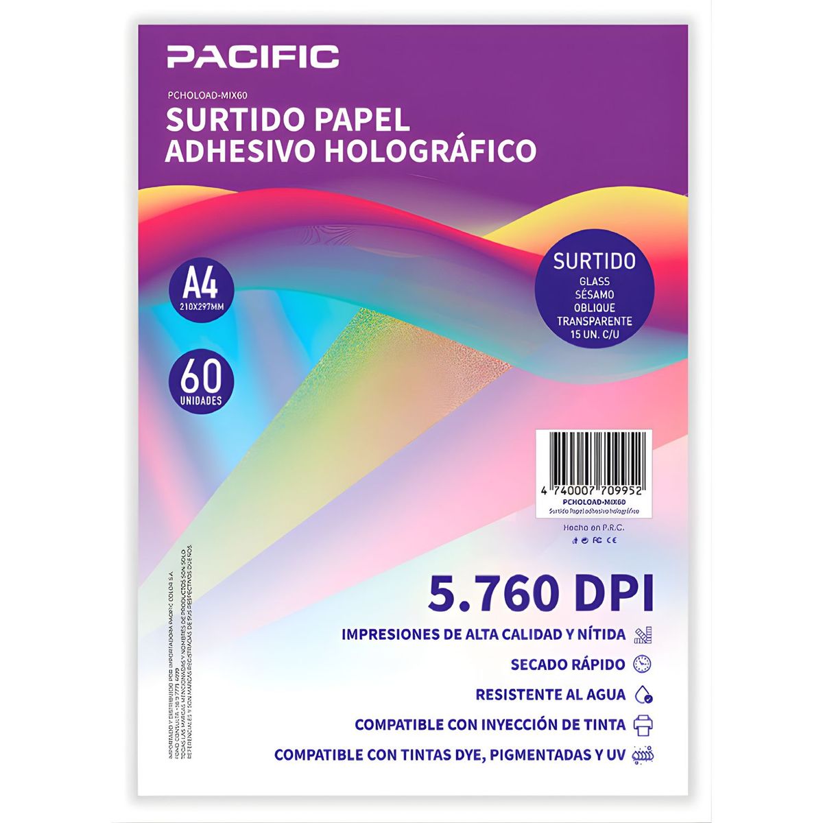 PACIFIC - Papel Adhesivo Holografico 60 Hojas Surtido A4 - PS