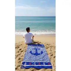 GENERICO - TOALLA DE PLAYA Y PISCINA DE MICROFIBRA SECADO RÁPIDO Y CON DISEÑO FRANJA ANCLA 75X150CM