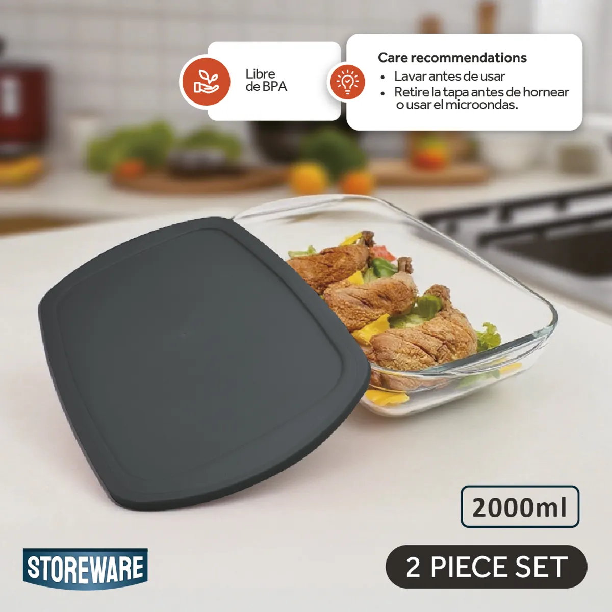 STOREWARE - Fuente Hornear Vidrio 2L con Tapa Rectangular Storeware Kiosclub