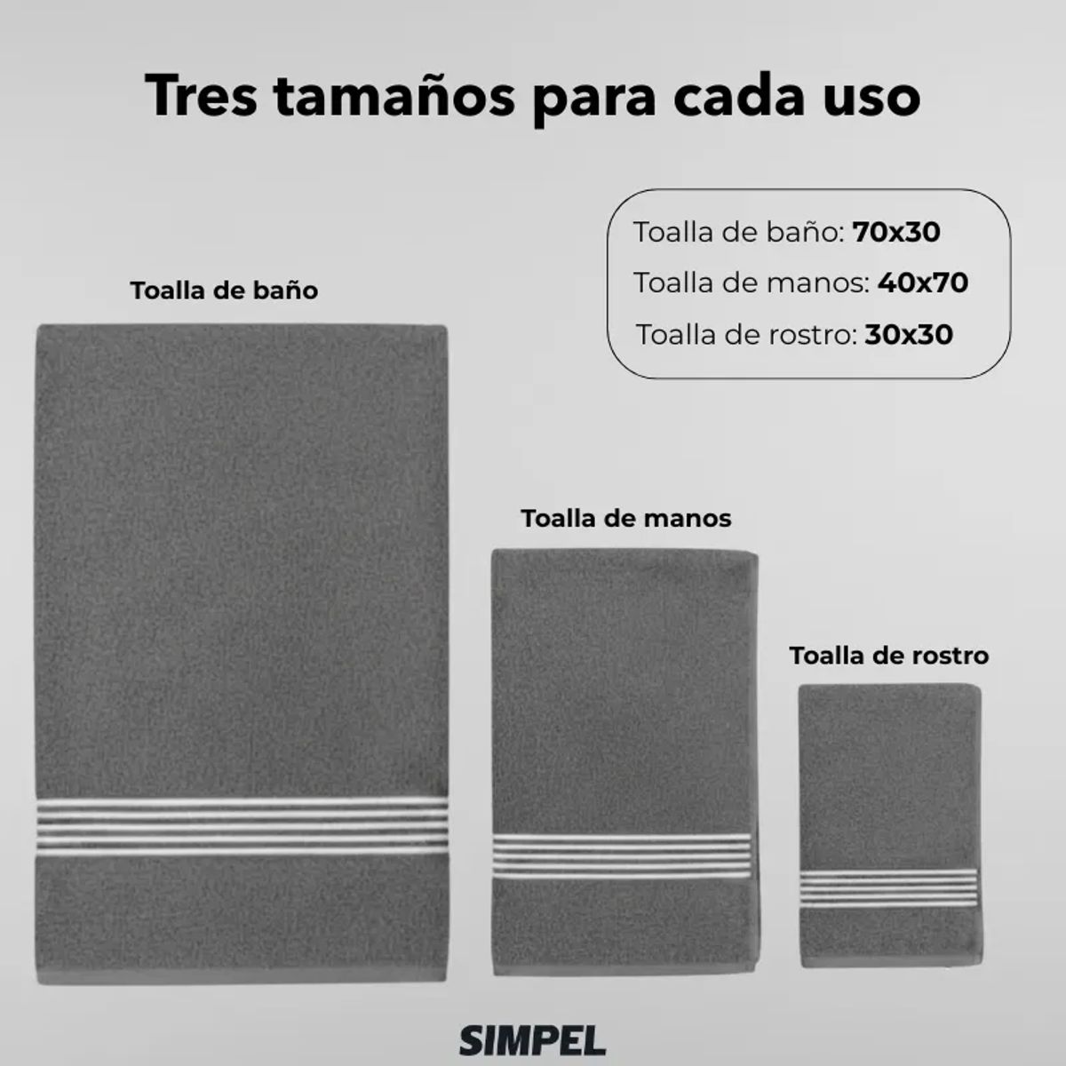 SIMPEL HOME - Set De Toallas Mano Baño Y Cara 100% Algodón Peinado 500 GSM Simpel Gris