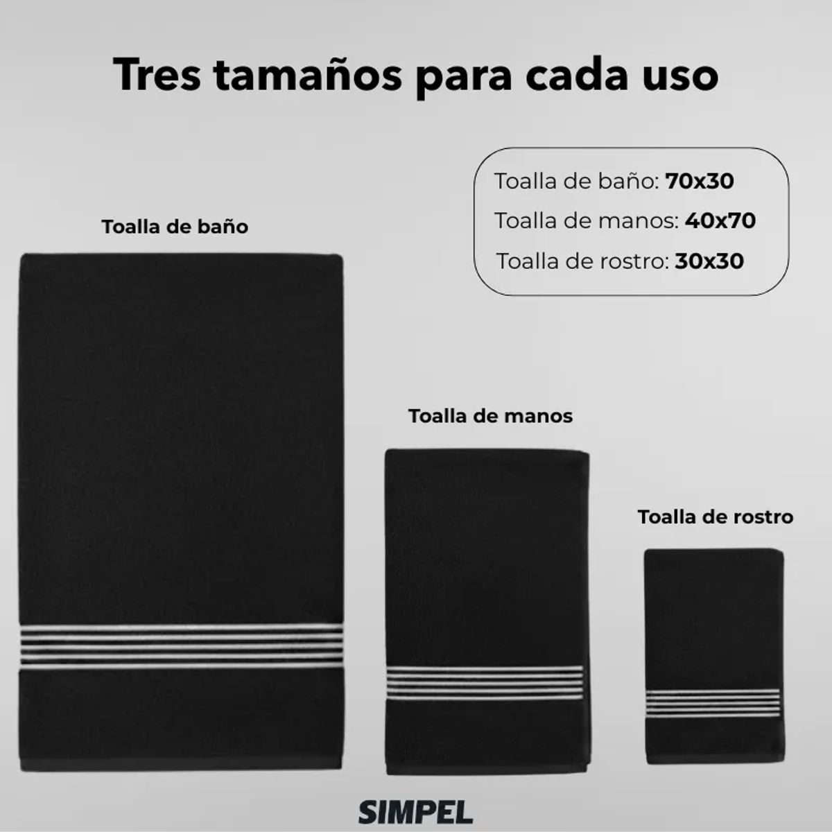 SIMPEL HOME - Set De Toallas Mano Baño Y Cara 100% Algodón Peinado 500 GSM Simpel Negro
