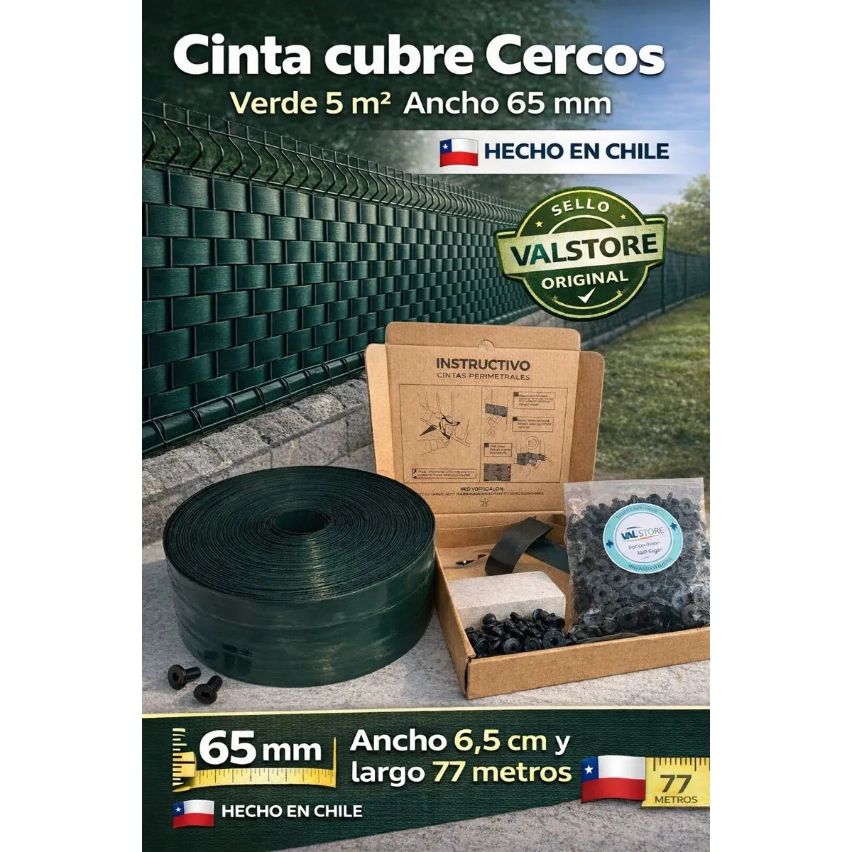 VALSTORE DECO Y DESIGN - Cinta Cubre Cercos Valstore Polipropropileno Verde 5m2 65 mm ancho Incl Broches