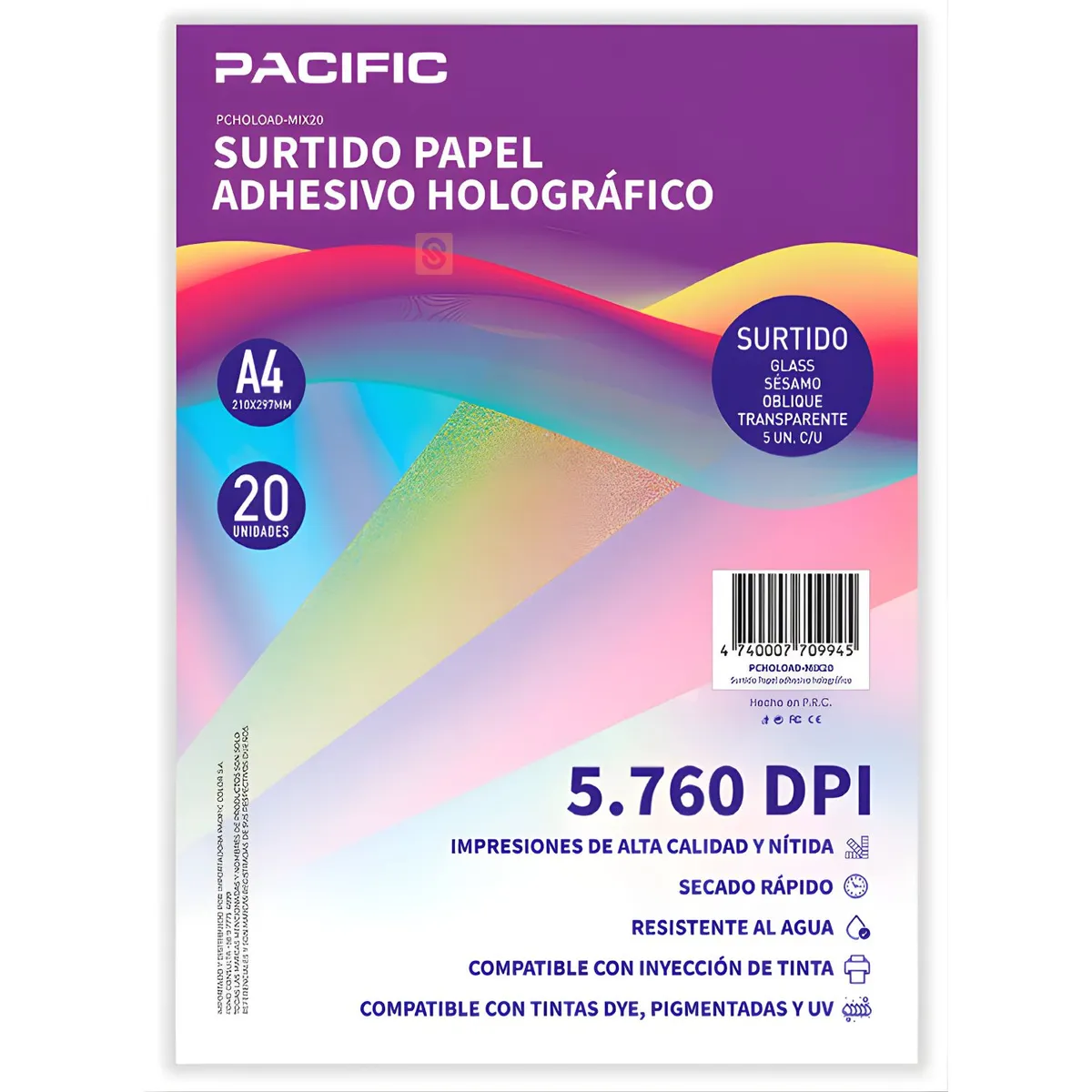 PACIFIC - 20 Hojas Papel Sticker Holografico Surtido A4 5760 DPI - SC