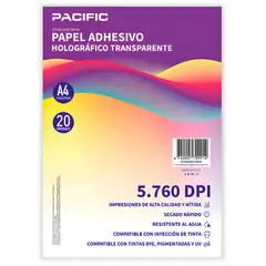 PACIFIC - Papel Adhesivo Holografico 20 Hojas Transparente A4 - PS