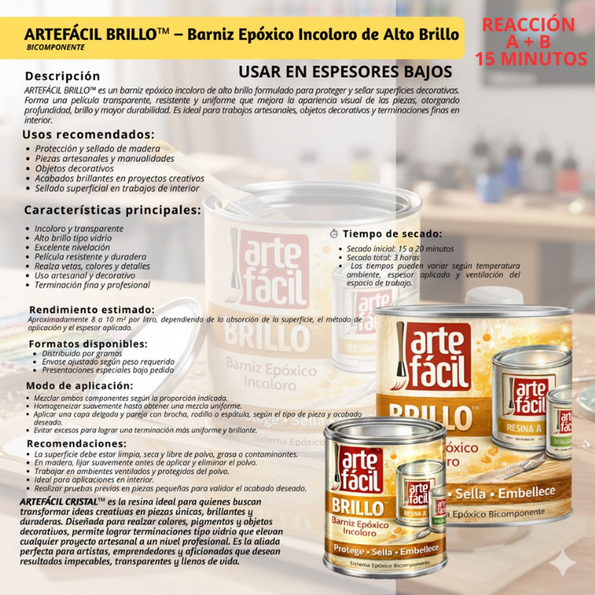 GENERICO - BARNIZ EPOXICO A+B INCOLORO - ARTEFACIL MANUALIDADES- KIT PREMUM GALÓN