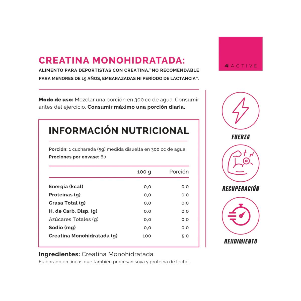 4ACTIVE - CREATINA MONOHIDRATADA 100% PURA 60 SV - 4ACTIVE WOMEN