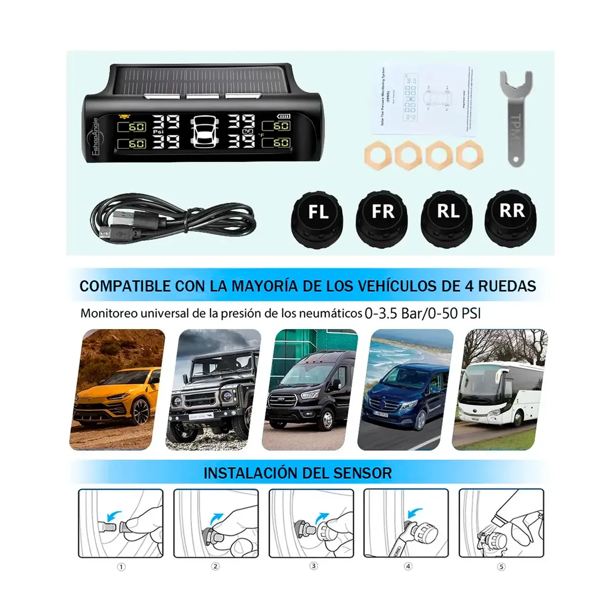 Sistema Monitoreo Presión Neumáticos Auto Tpms Solar, marca OFERTABKN - Foto 2