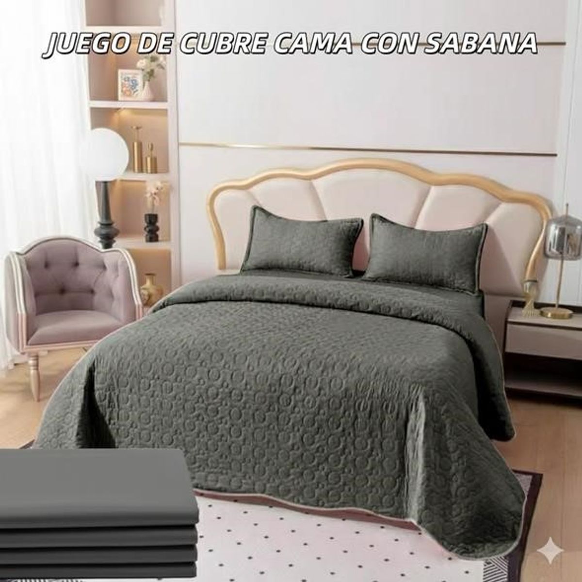 GENERICO - Cobertor tipo Quilts de Verano + Juego de Sabanas 1,5 plazas