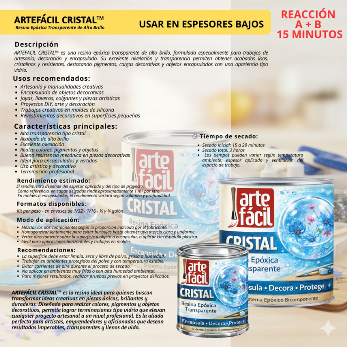 GENERICO - RESINA EPOXICA CRISTAL - ENCAPSULA™ - A+B INCOLORO - ARTEFACIL MANUALIDADES- 500G