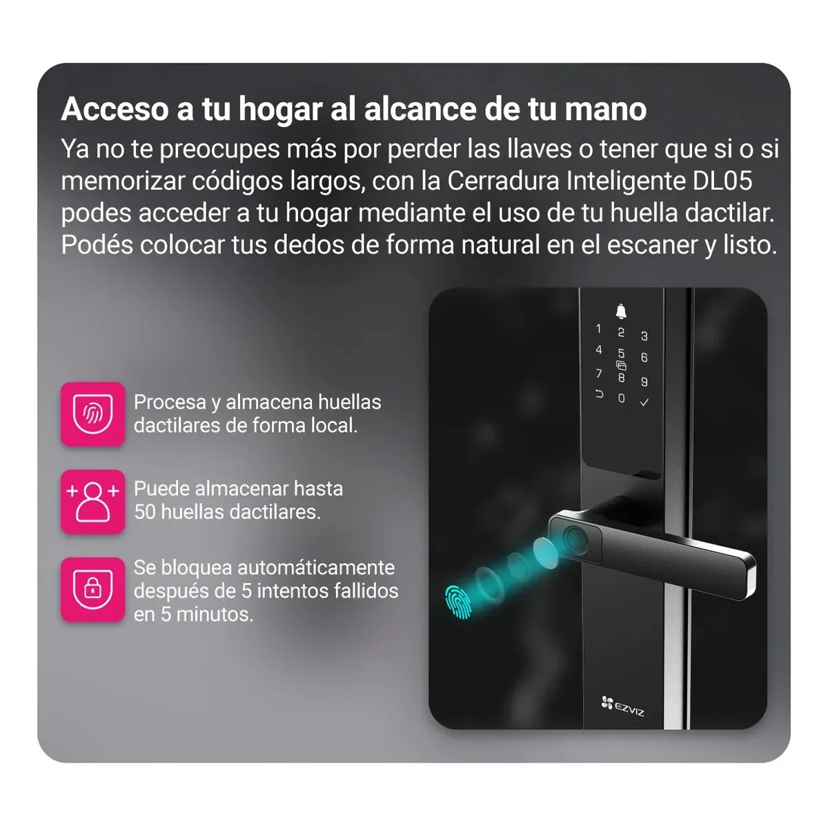 EZVIZ - Cerradura Inteligente Ezviz Dl05 Wi-fi Huella Digital Gris Black