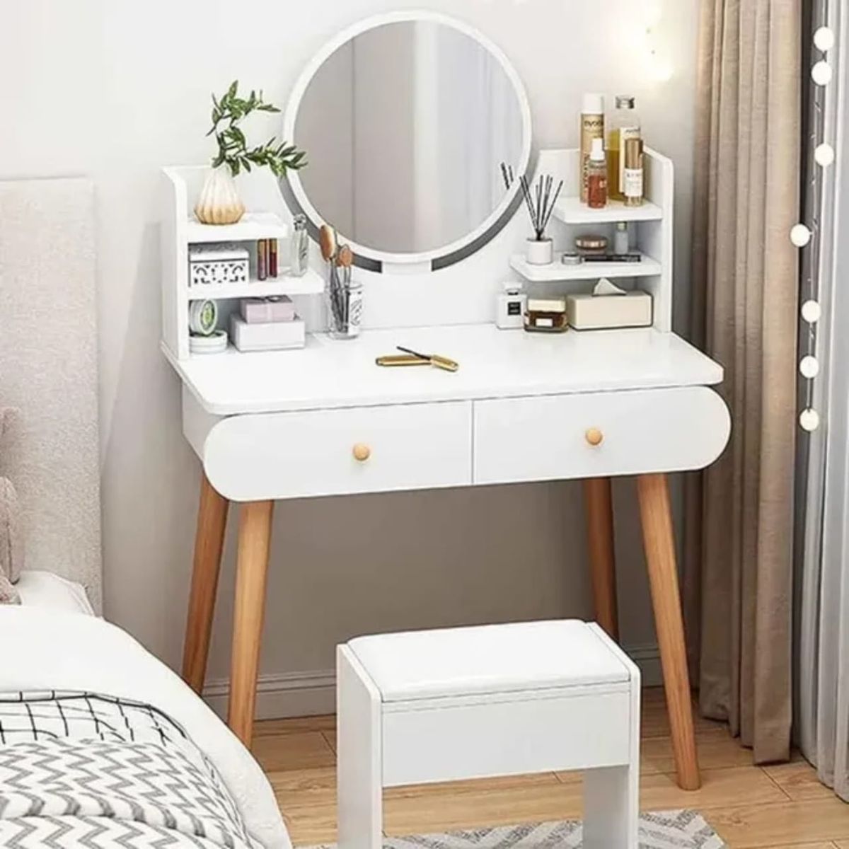 MOVI - TOCADOR O MESA DE MAQUILLAJE Y PEINADO CON LUZ LED, 2 CAJONES Y ASIENTO