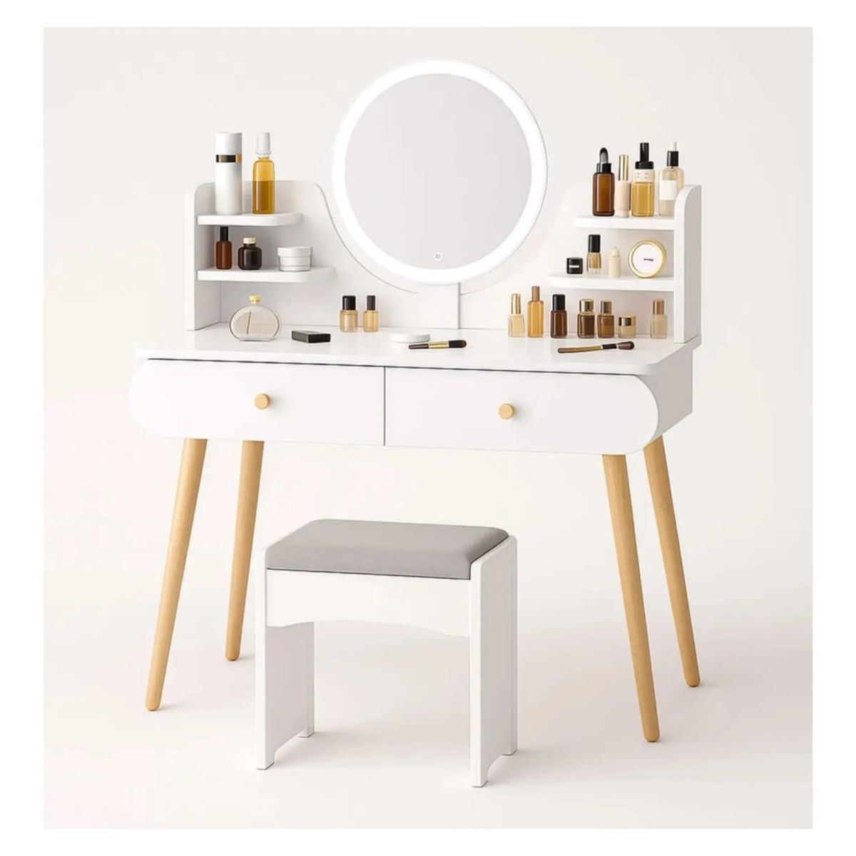 MOVI - TOCADOR O MESA DE MAQUILLAJE Y PEINADO CON LUZ LED, 2 CAJONES Y ASIENTO