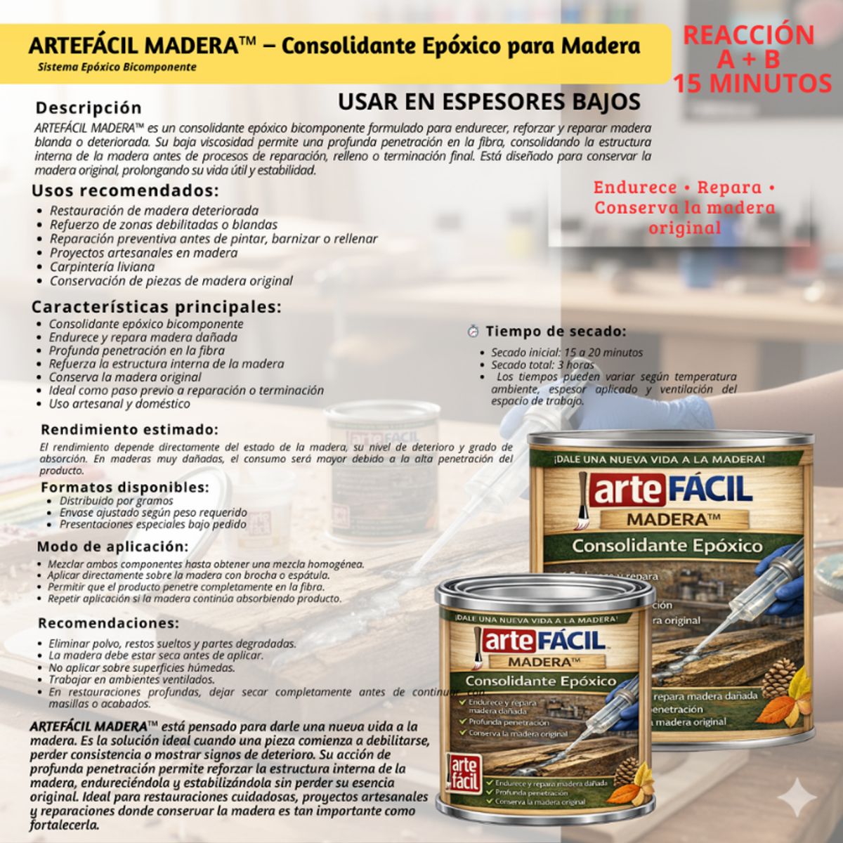 GENERICO - REPARADOR MADERA EPÓXICO A+B INCOLORO - ARTEFACIL MANUALIDADES - 800G