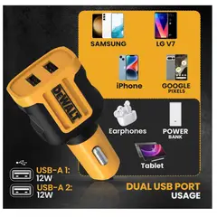 DEWALT - Cargador Auto 12v Usb-a 24w Carga Rápida 2 Usb