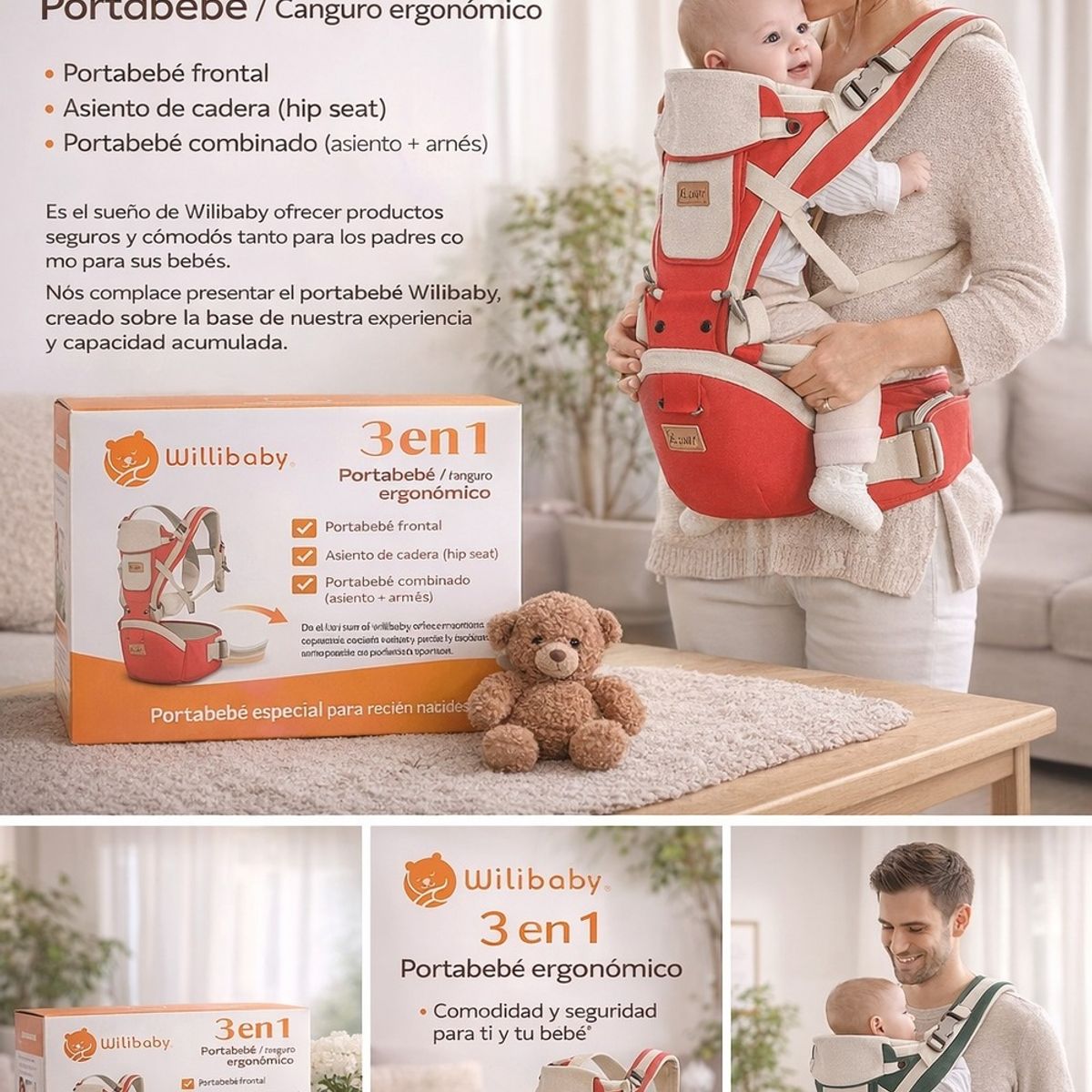 GENERICO - WILIBABY® 3 EN 1 PORTABEBÉ ERGONÓMICO COLOT NARANJO