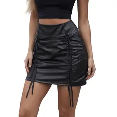 AAYO MODA - Mini Falda de Eco Cuero Negra con Cordones Laterales
