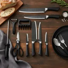 GENERICO - Juego de cuchillos de cocina de acero inoxidable con veta de madera de 8 piezas Negro
