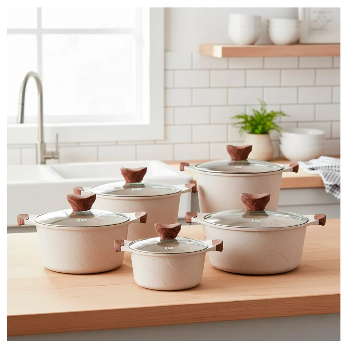 RAF - Batería De Cocina Antiadherente Ceramica & Bakelite 5 Pcs Beige