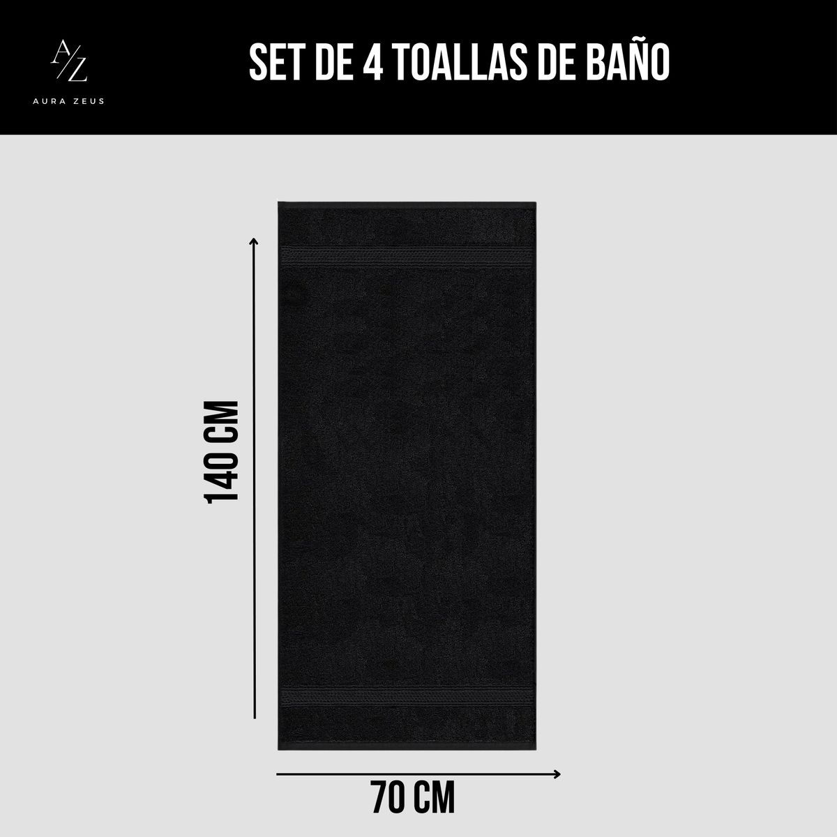 AZ AURAZEUS - Set De 4 Toallas De Baño 140x70 Cm Algodon 500gr Grandes Az Negro