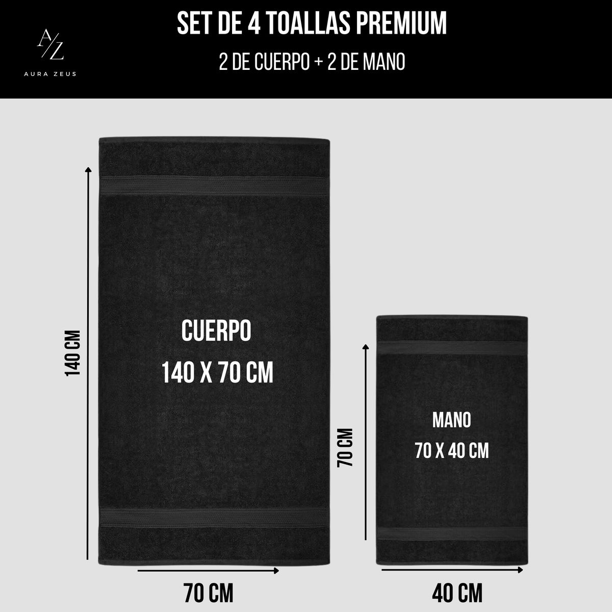 AZ AURAZEUS - Set De 4 Toallas De Baño Algodon 500gr Cuerpo Mano Grande Az Negro