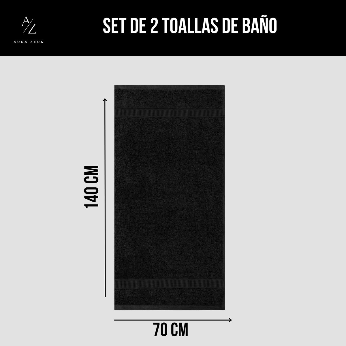 AZ AURAZEUS - Set De 2 Toallas De Baño 140x70 Cm Algodon 500gr Grandes Az Negro