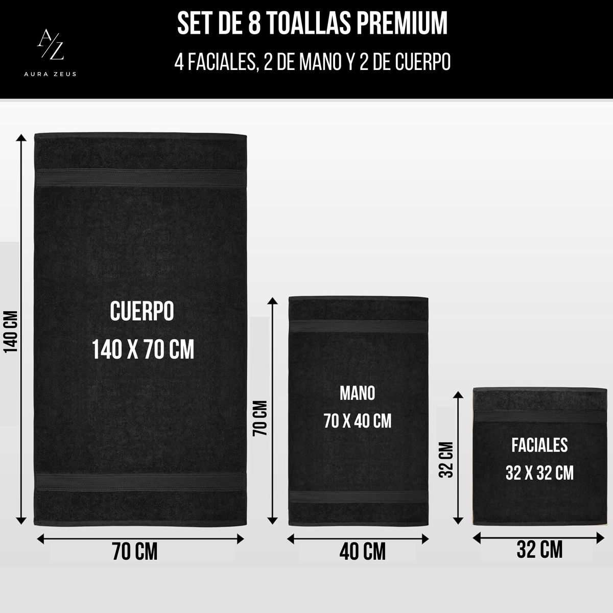 AZ AURAZEUS - Set De 8 Toallas De Baño Algodon 500gr Cuerpo Mano Grande Az Negro