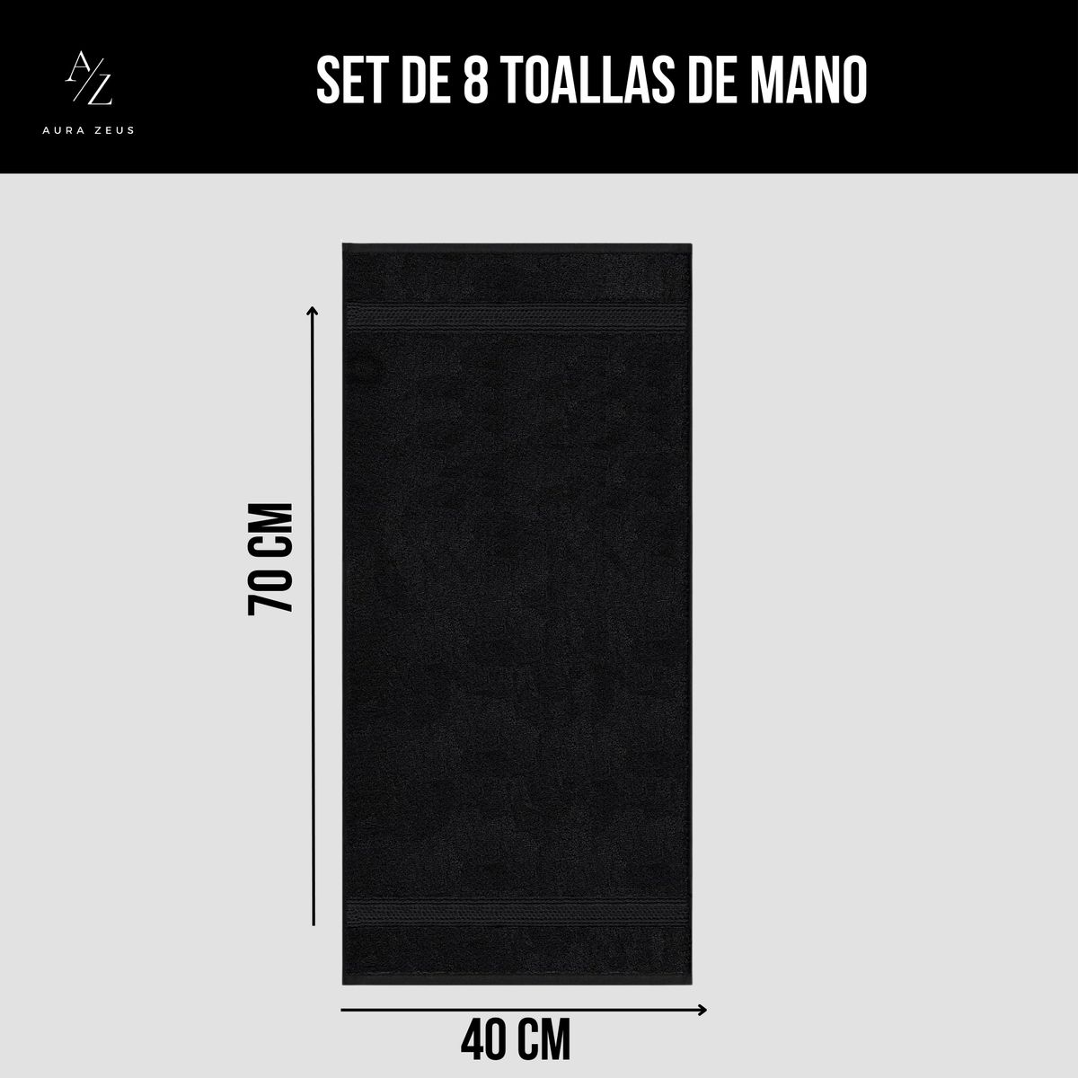 AZ AURAZEUS - Juego De 8 Toallas De Mano 70x40 Cm Algodon 500g Baño Set Az Negro