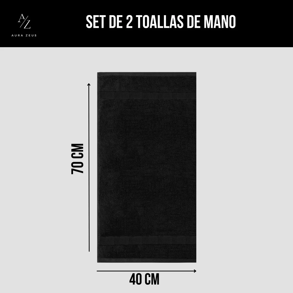 AZ AURAZEUS - Juego De 2 Toallas De Mano 70x40 Cm Algodon 500g Baño Set Az Negro